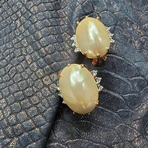 Vintage Gold Tone Clip-On Very Large Faux Pearl Earrings With Rhinestone Accents
